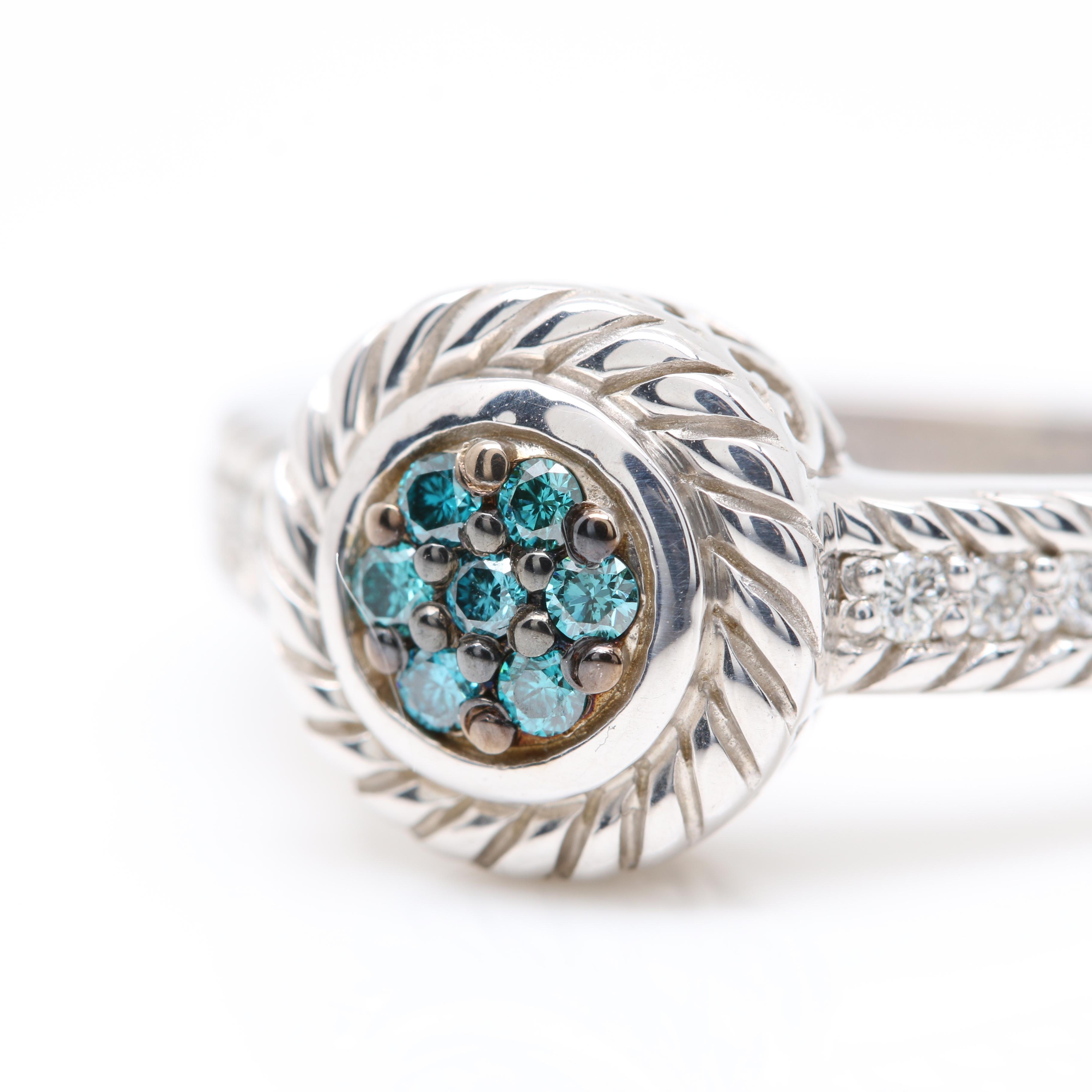 Kate McCullar Sterling Silver Diamond Ring Including Blue Diamonds