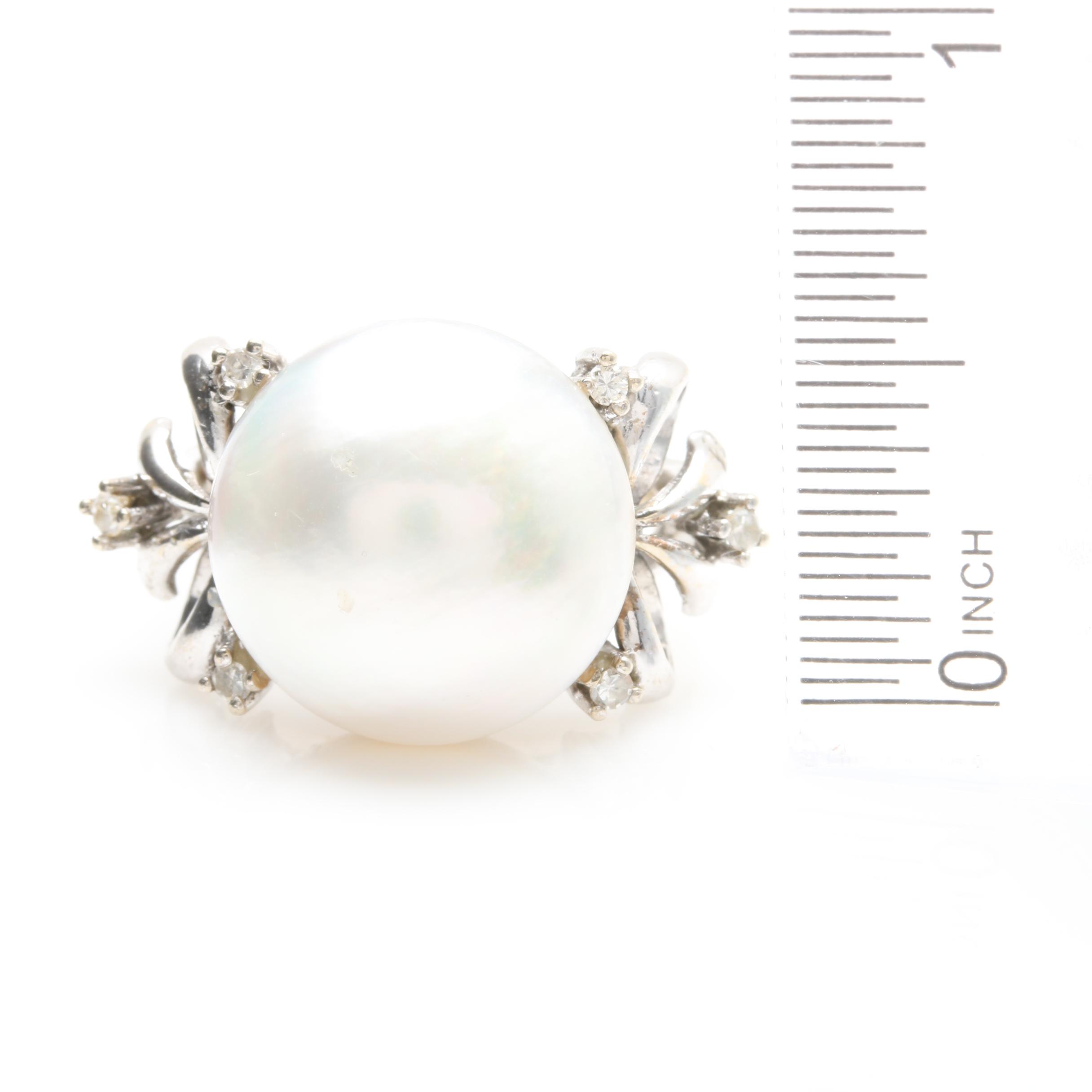 Vintage 14K White Gold Cultured Mabe Pearl and Diamond Ribbon Ring