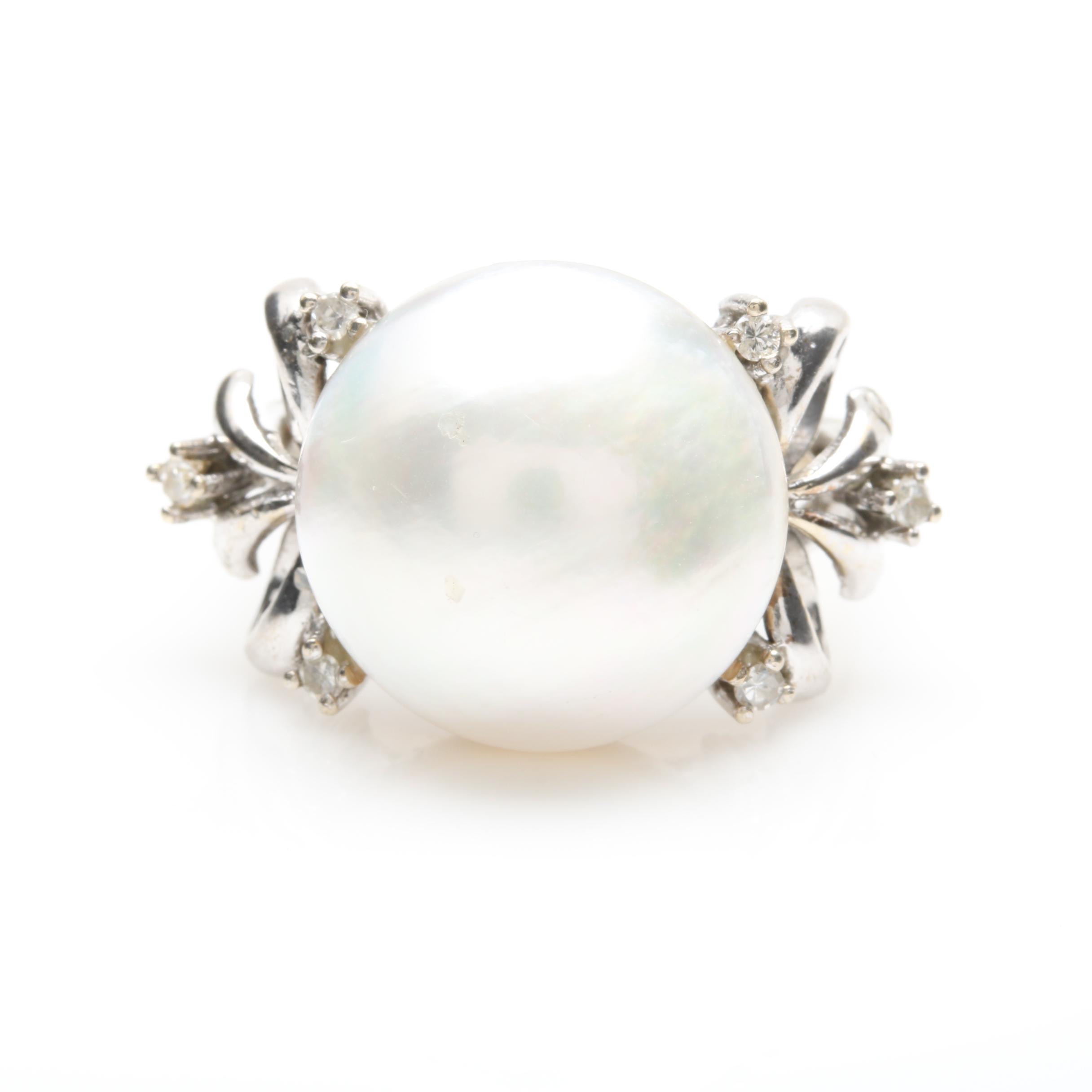 Vintage 14K White Gold Cultured Mabe Pearl and Diamond Ribbon Ring