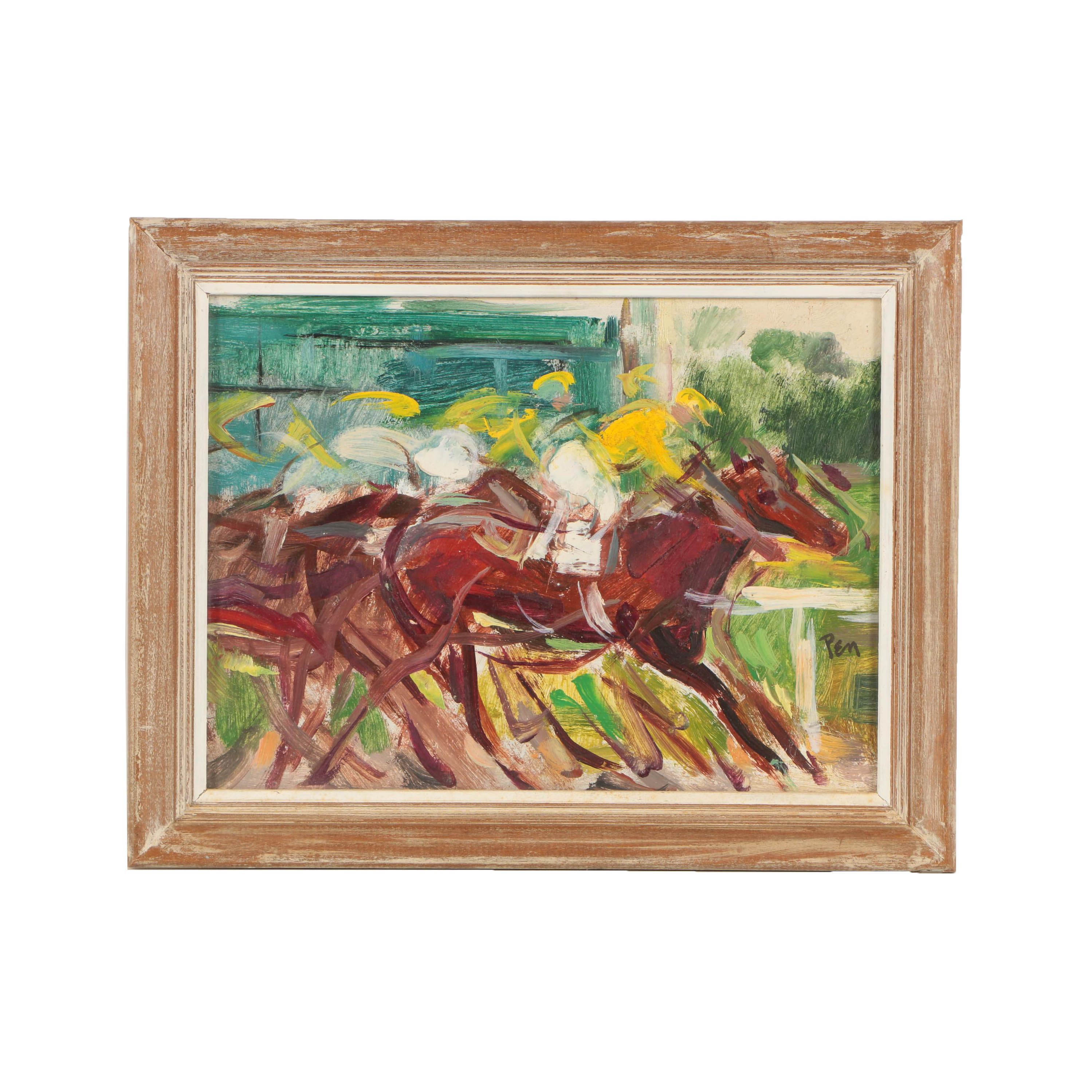 Rudolph Pen Oil Painting of Jockey and Horse Racing