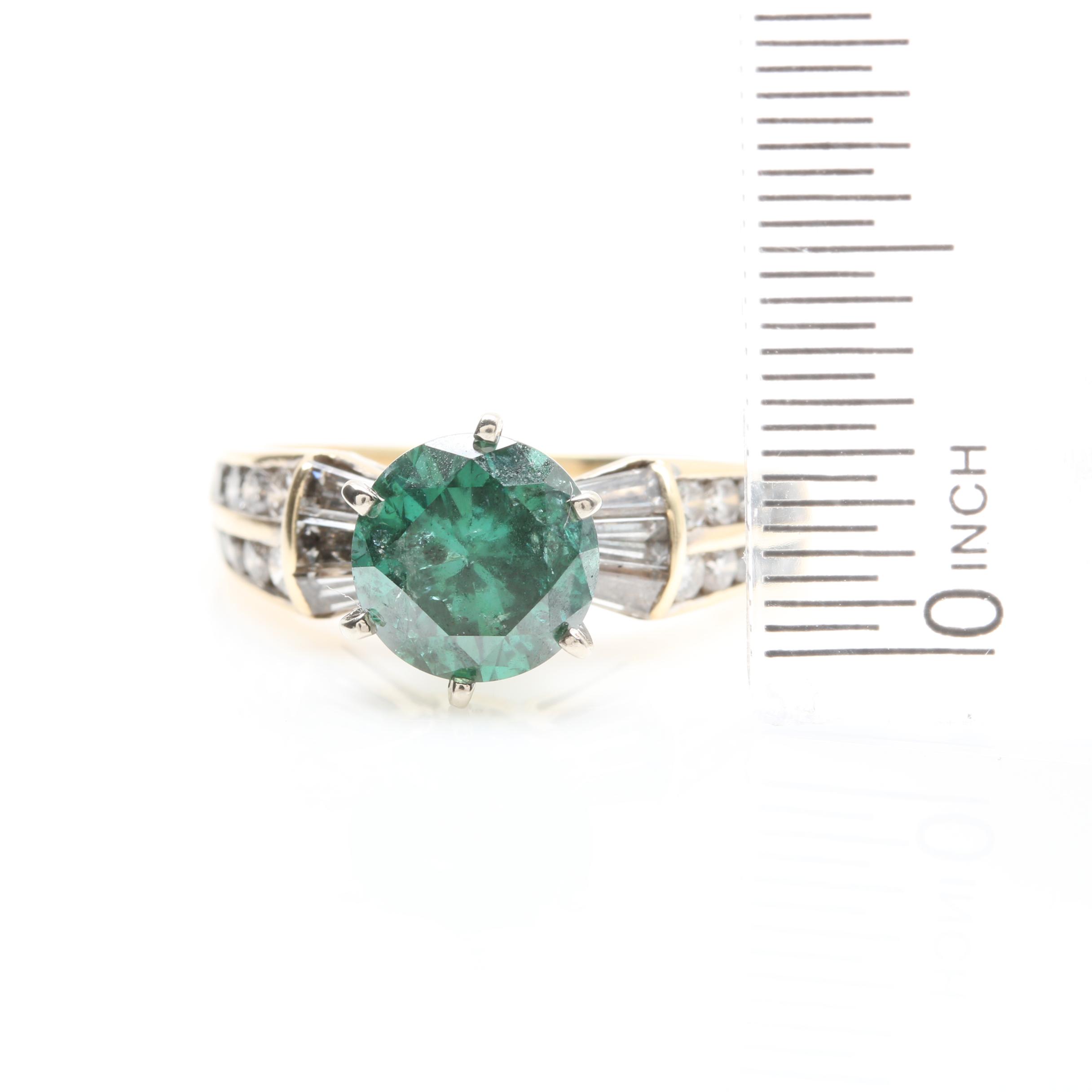 14K Yellow Gold 2.69 CTW Diamond Ring With Irradiated Green Diamond