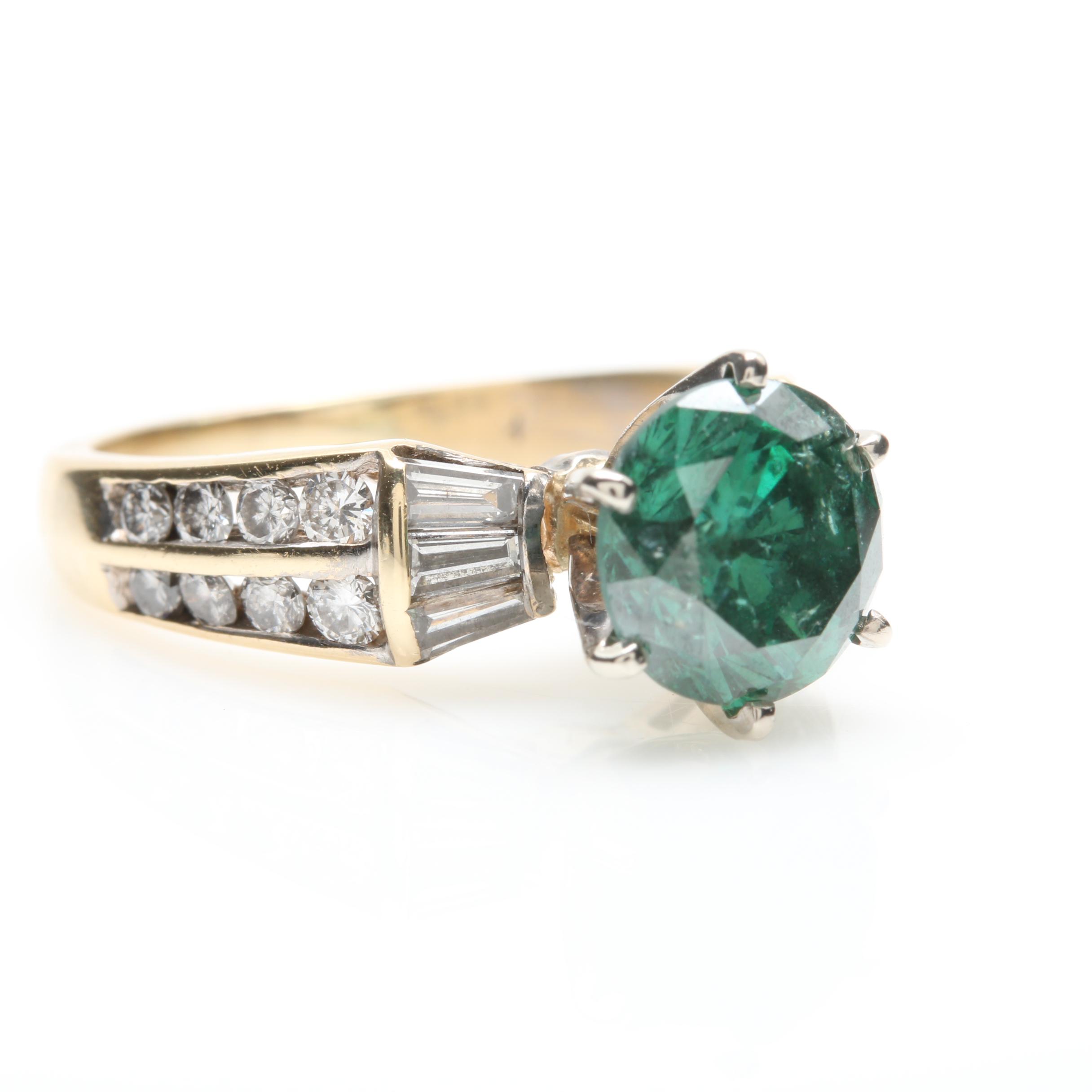 14K Yellow Gold 2.69 CTW Diamond Ring With Irradiated Green Diamond