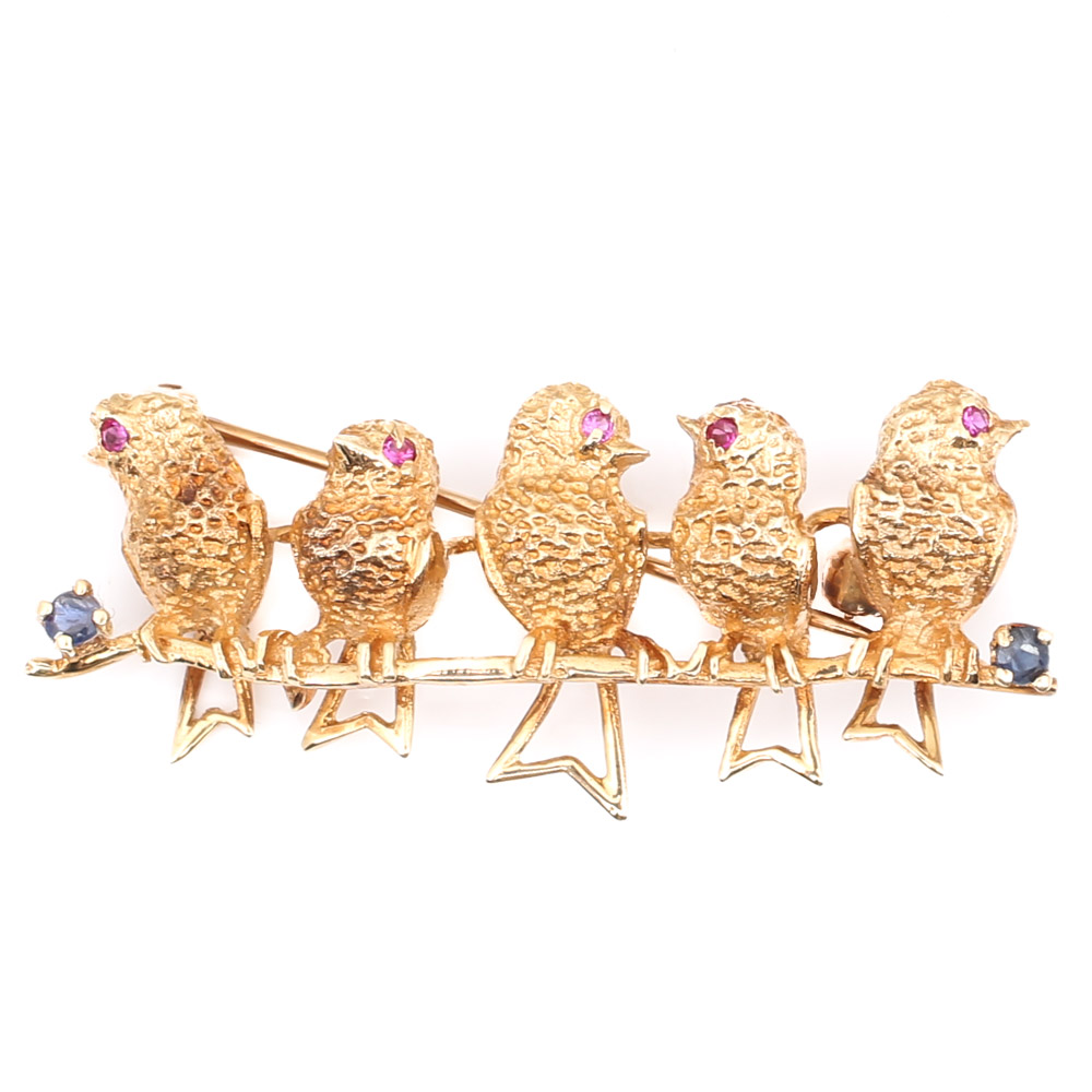 14K Yellow Gold Sapphire and Ruby Bird Brooch