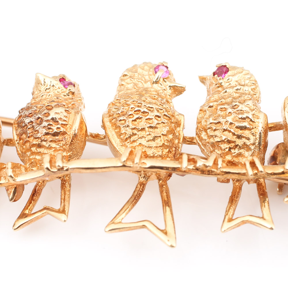 14K Yellow Gold Sapphire and Ruby Bird Brooch