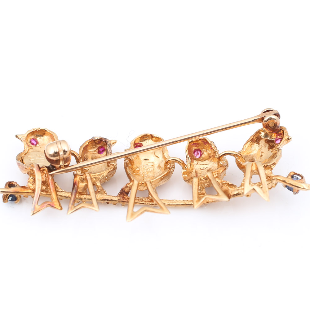 14K Yellow Gold Sapphire and Ruby Bird Brooch