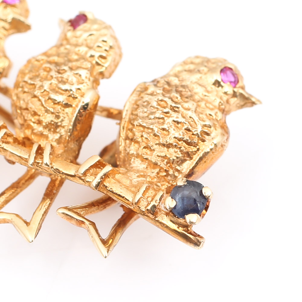14K Yellow Gold Sapphire and Ruby Bird Brooch