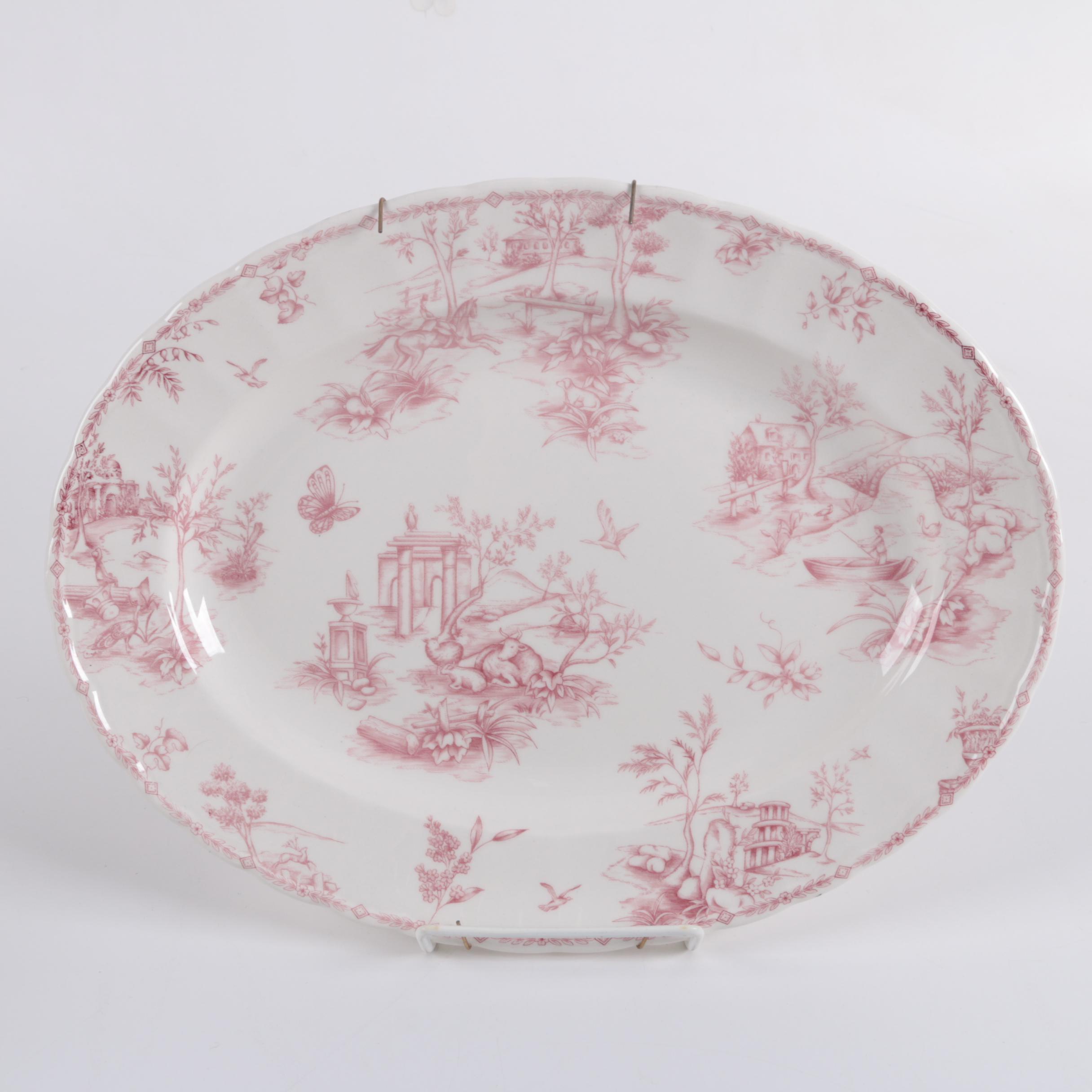 Pink Transferware Plates Including Antique Richelieu and Queen's "Chelsea Toile"