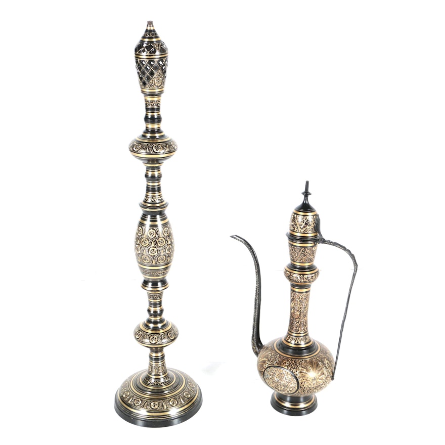 Indian Influenced Etched Metal Incense Burner and Coffee Pot