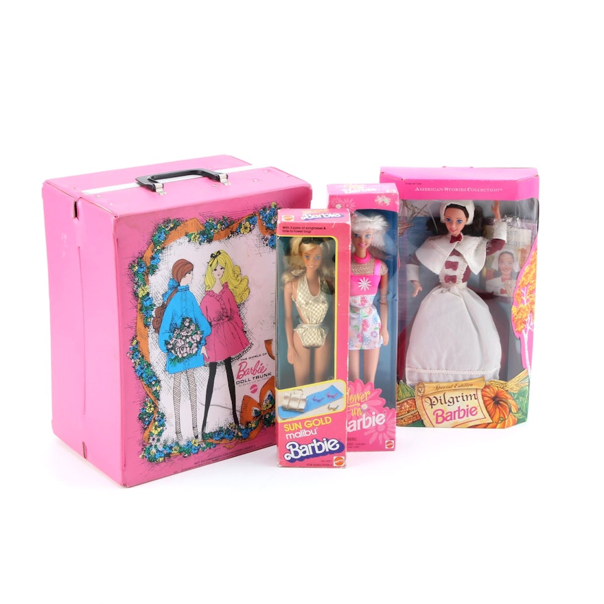 Barbie Doll Case and Barbie Dolls Including Sun Gold Malibu