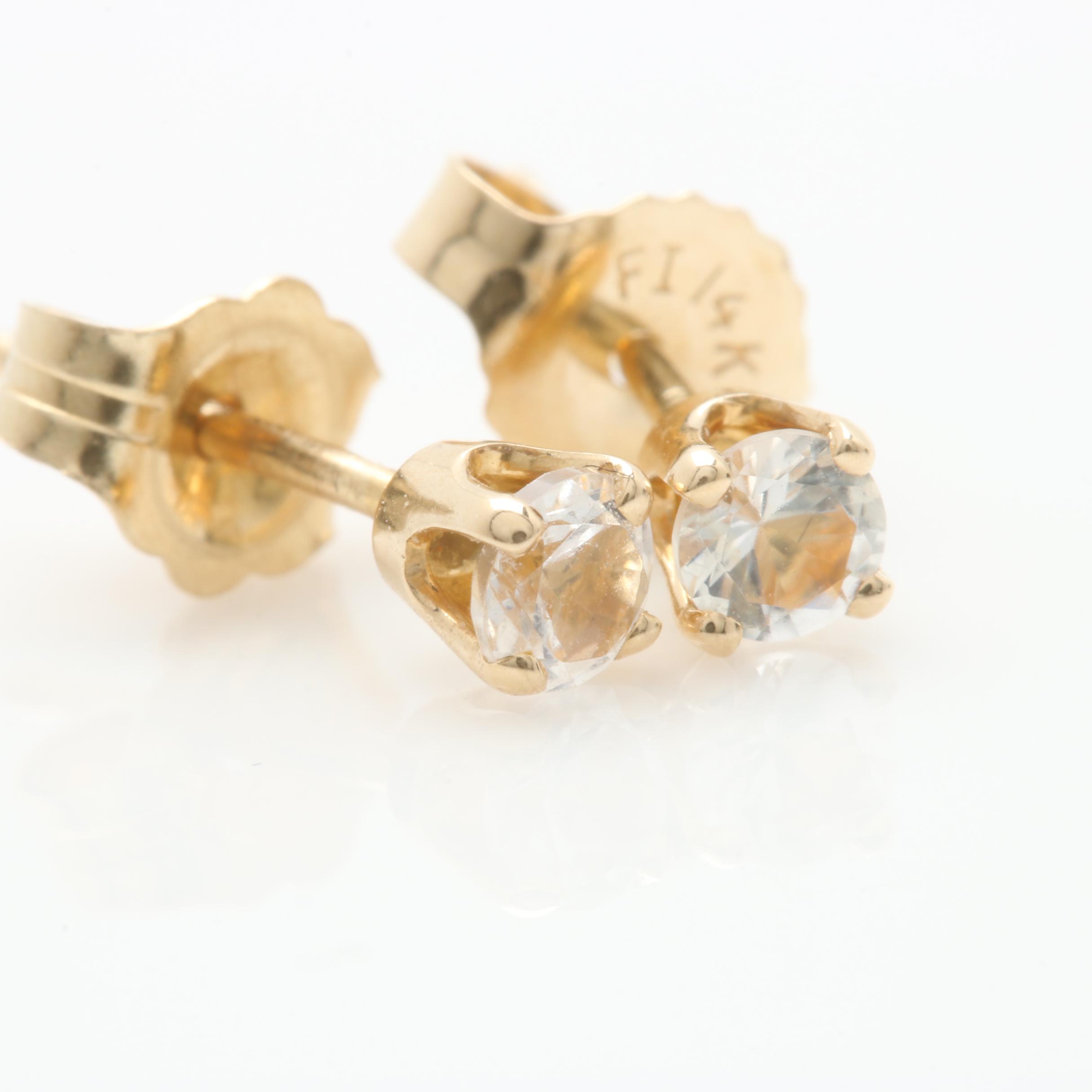 14K Yellow Gold White Sapphire Stud Earrings
