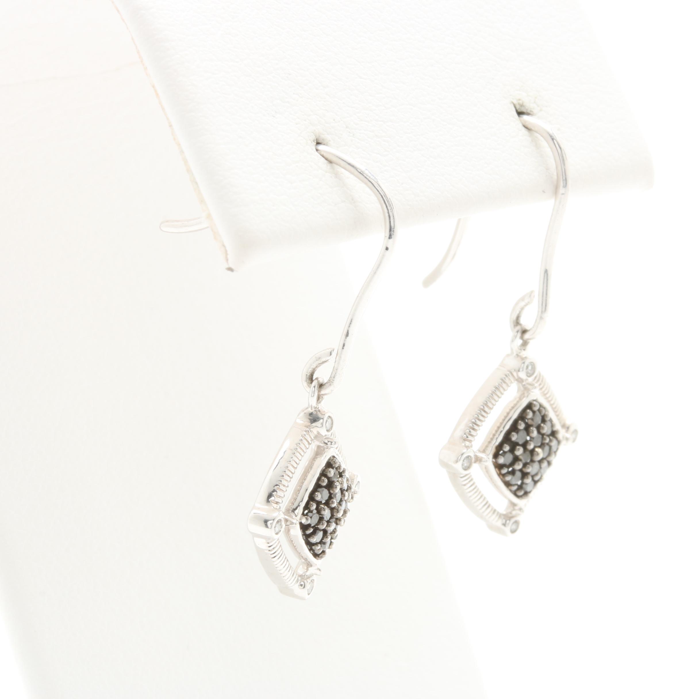 10K White Gold Black Diamond Dangle Earrings