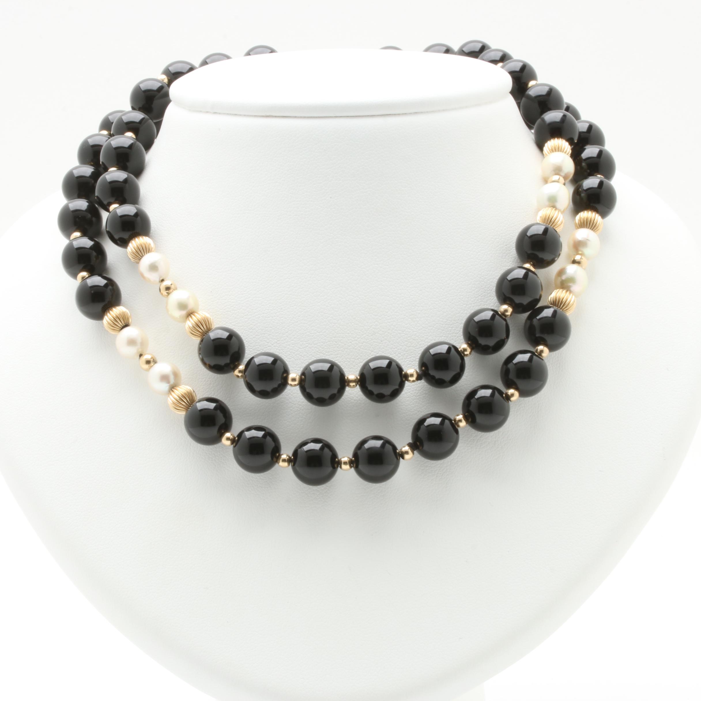 14K Yellow Gold Black Onyx and Cultured Pearl Necklace