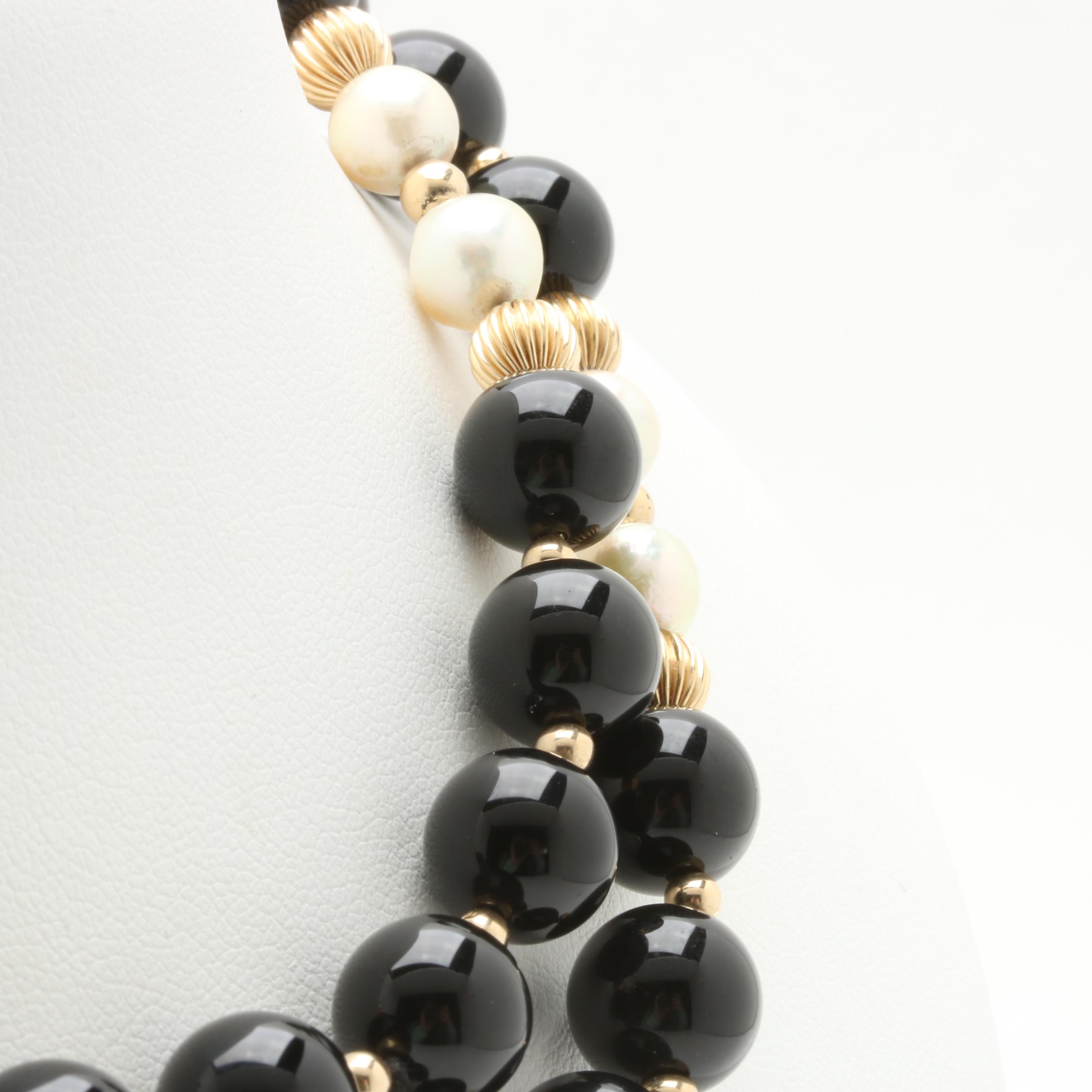 14K Yellow Gold Black Onyx and Cultured Pearl Necklace