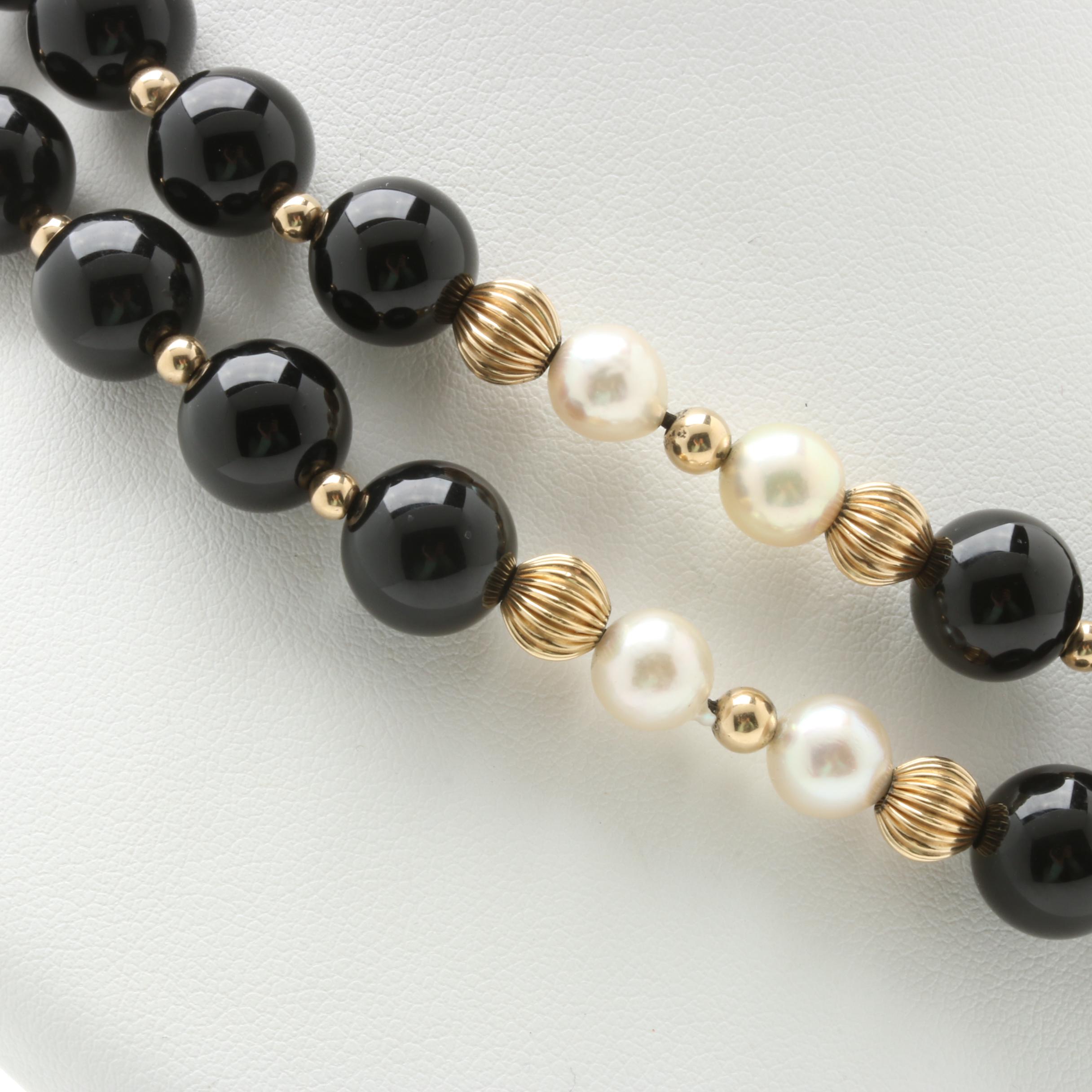 14K Yellow Gold Black Onyx and Cultured Pearl Necklace