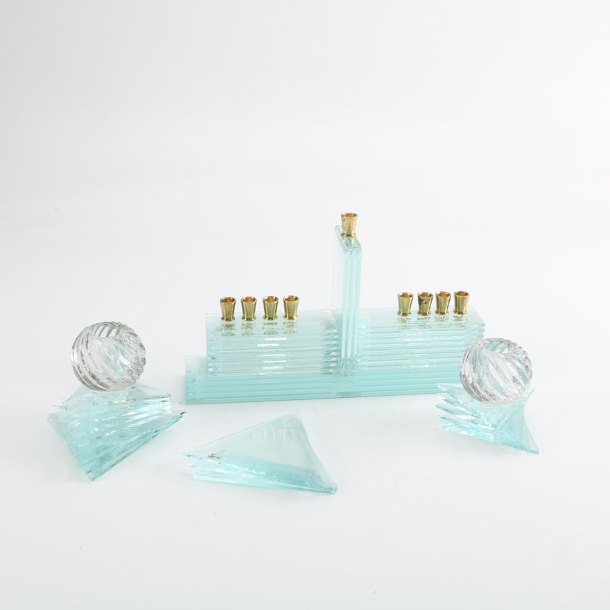 Signed Contemporary Layered Glass Menorah and Candleholders