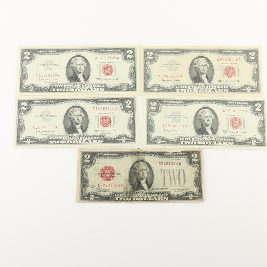 Five Vintage $2 United States Notes