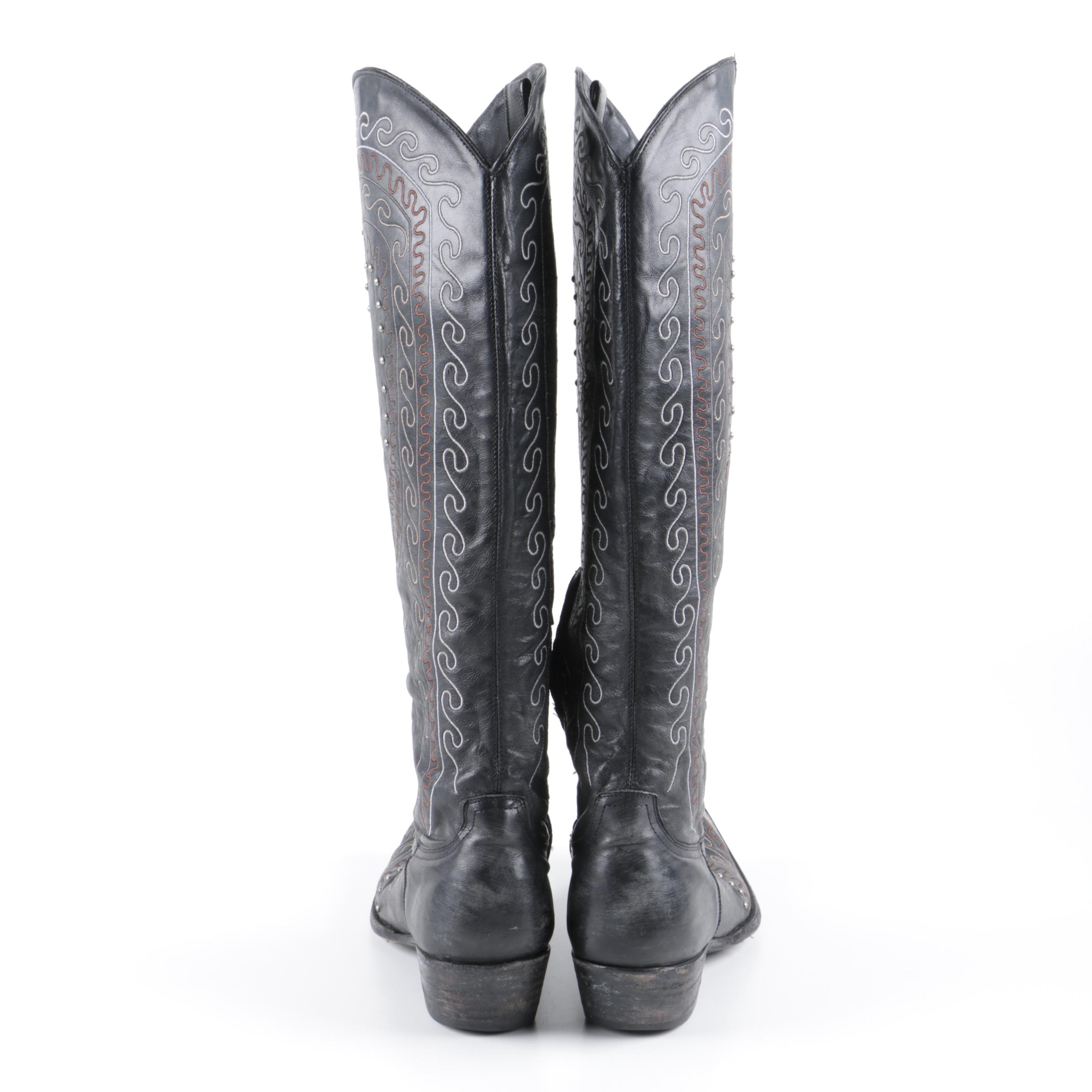 Old Gringo Black Leather Cowboy Boots with Studded and Embroidered Accents
