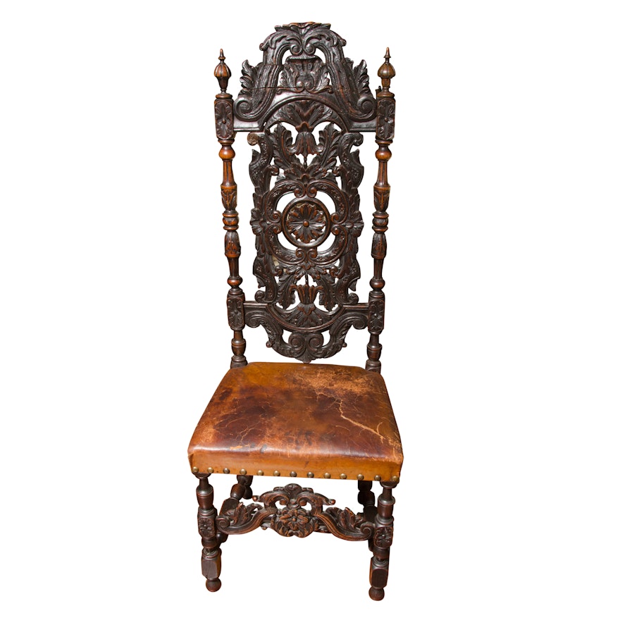 Antique Italian Renaissance Style Side Chair with Leather Upholstery