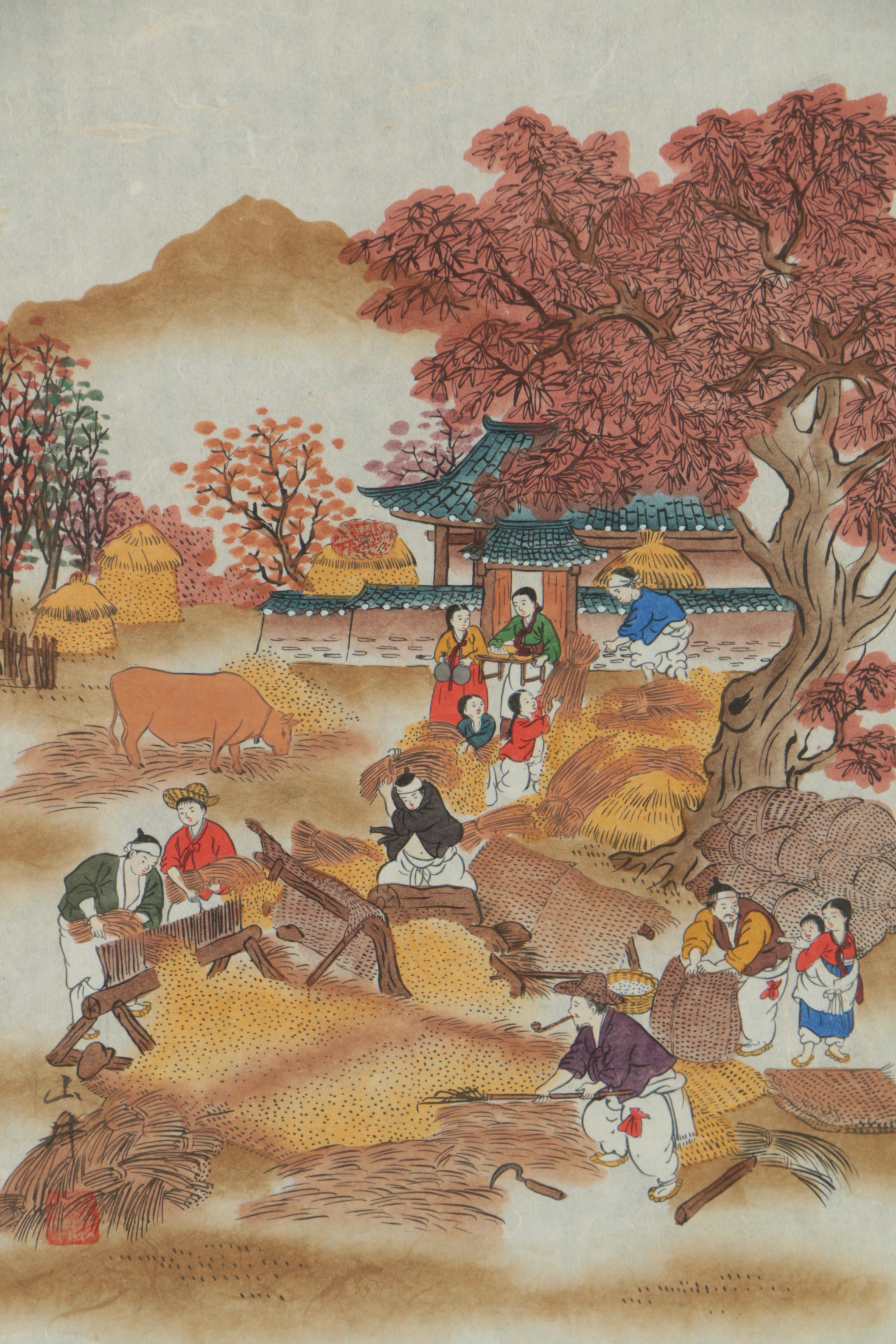 Korean Ink and Watercolor Painting of a Harvest Scene