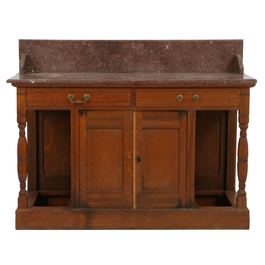 Antique Victorian Oak Server with Rouge Marble Top, Late 19th Century