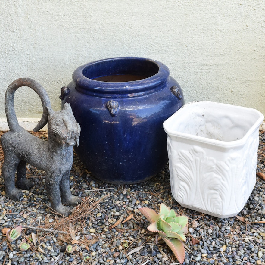 Ceramic Planters and Metal Cat Figurine