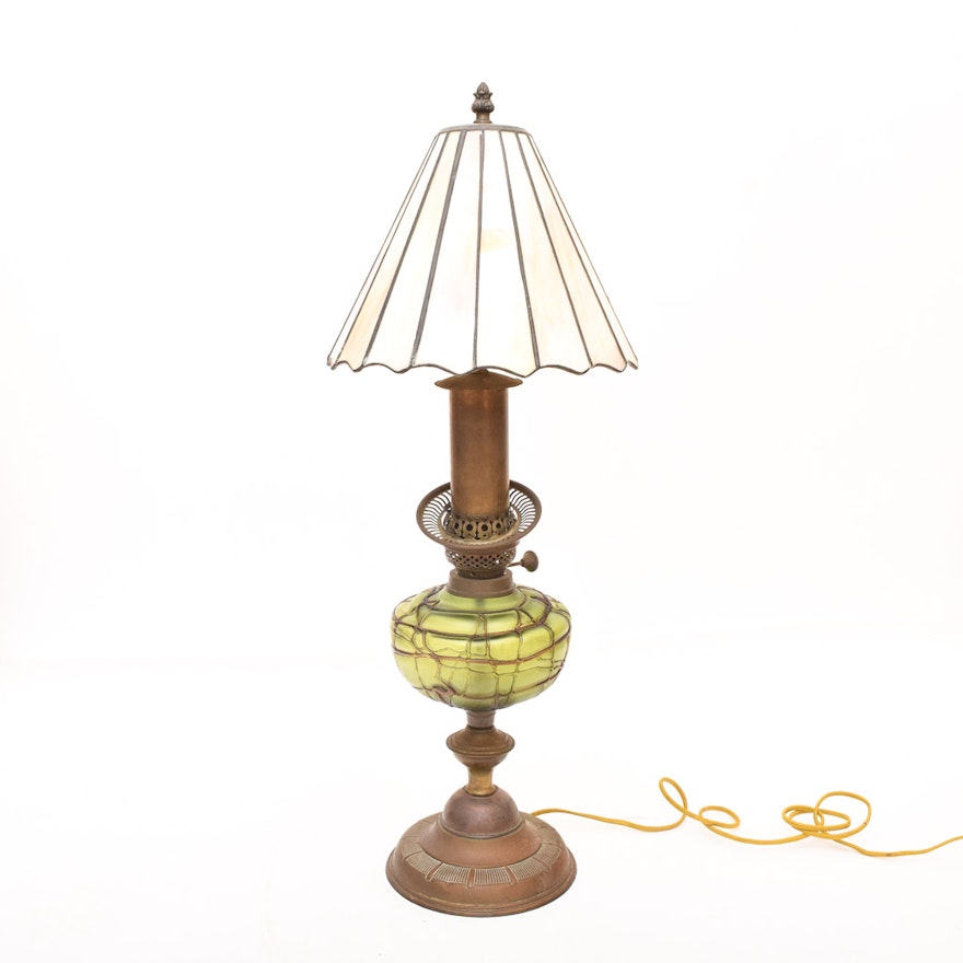 Antique Converted Brass and Glass Kerosene Lamp with Leaded Shade