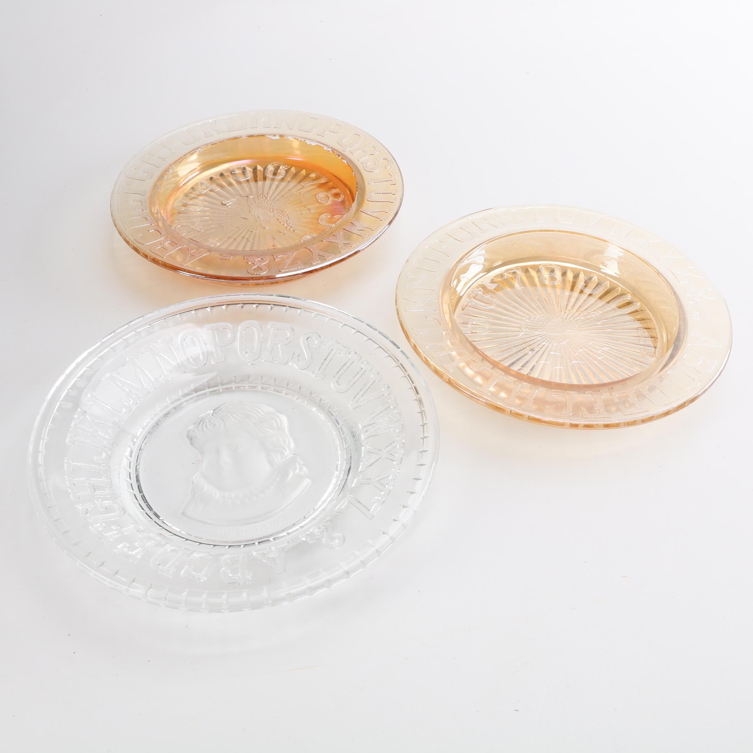 Vintage Marigold Carnival Glass ABC Stork Plate and Clays Child Motif ABC Plate