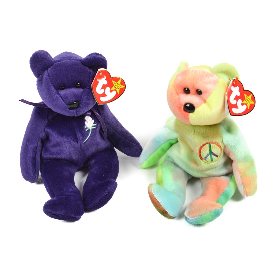 1990s TY Peace Bear and Princess Diana Beanie Babies