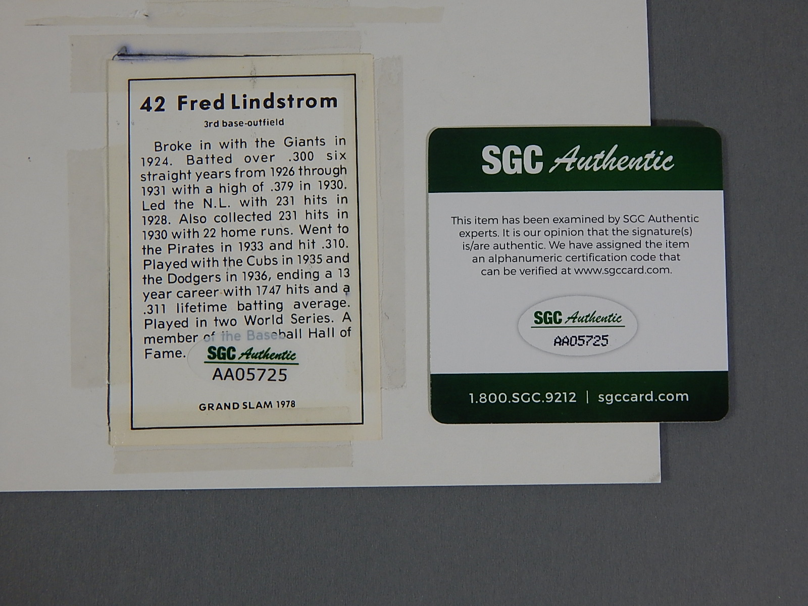 SGC Authenticated Baseball HOF Fred Lindstrom and Lloyd Waner Autographs