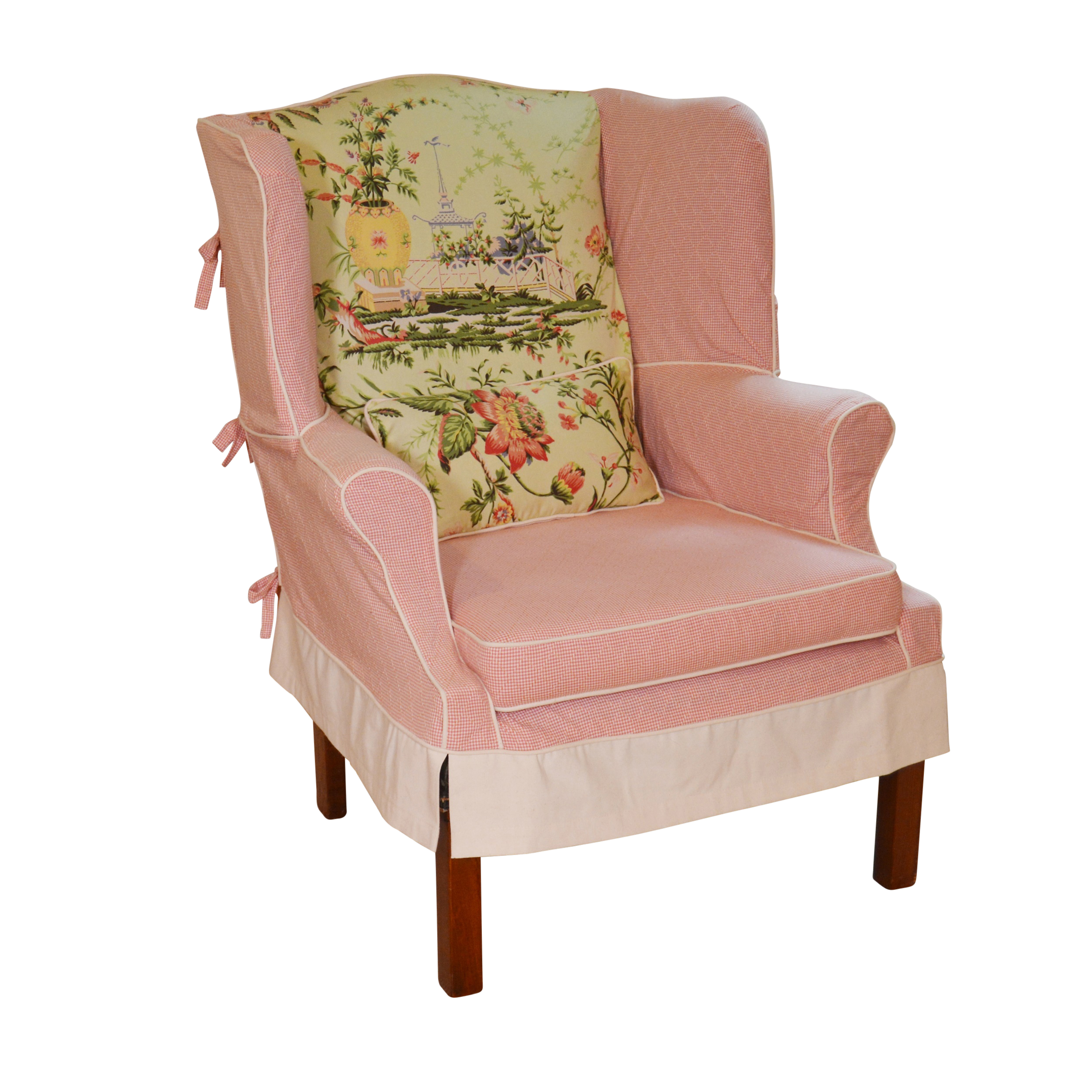 Wingback Chair With Gingham Slipcover