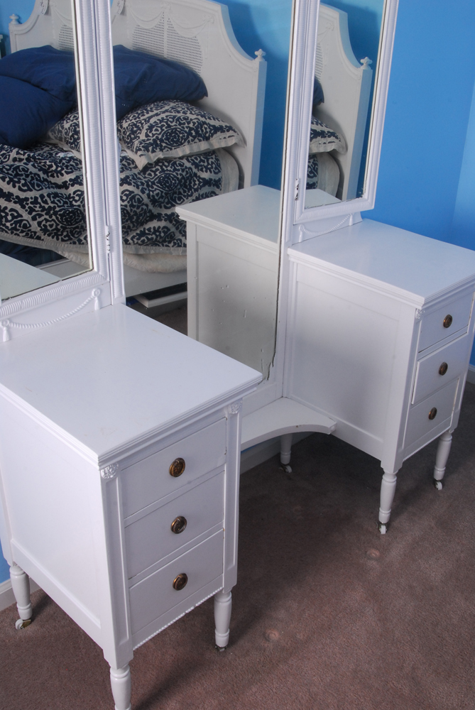 Vintage Painted Wood Vanity with Mirrors and Bench