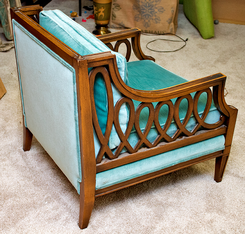Louis XVI Style Pierced Lattice Armchair with Teal Velour Upholstery