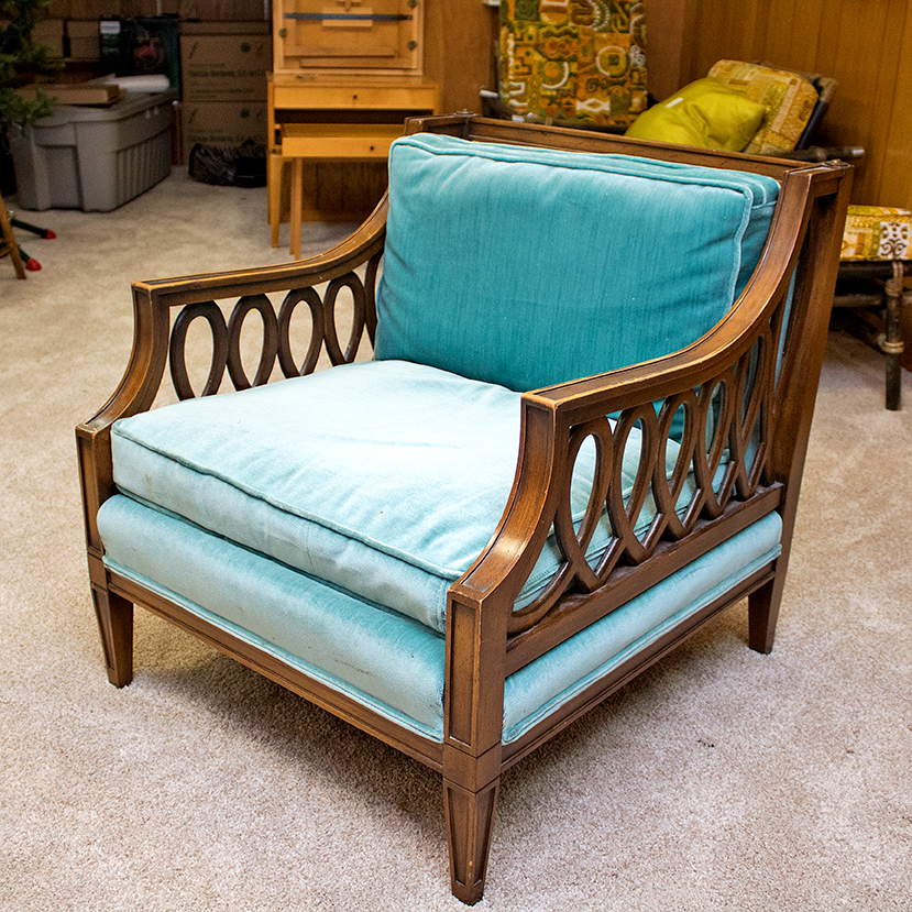 Louis XVI Style Pierced Lattice Armchair with Teal Velour Upholstery