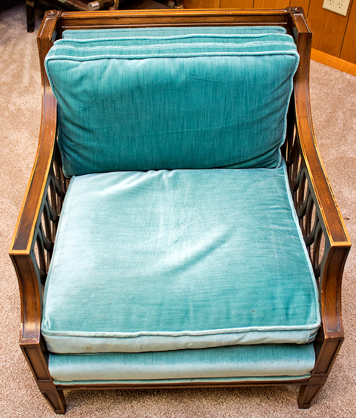 Louis XVI Style Pierced Lattice Armchair with Teal Velour Upholstery