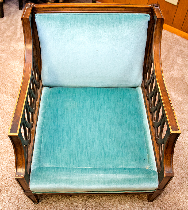 Louis XVI Style Pierced Lattice Armchair with Teal Velour Upholstery