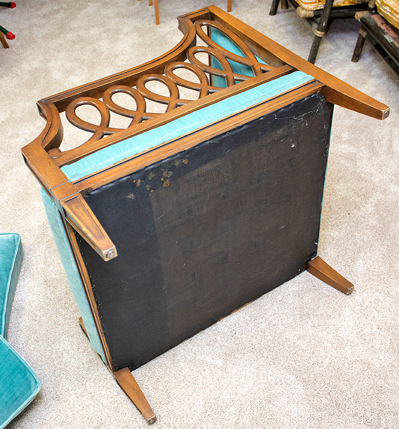 Louis XVI Style Pierced Lattice Armchair with Teal Velour Upholstery