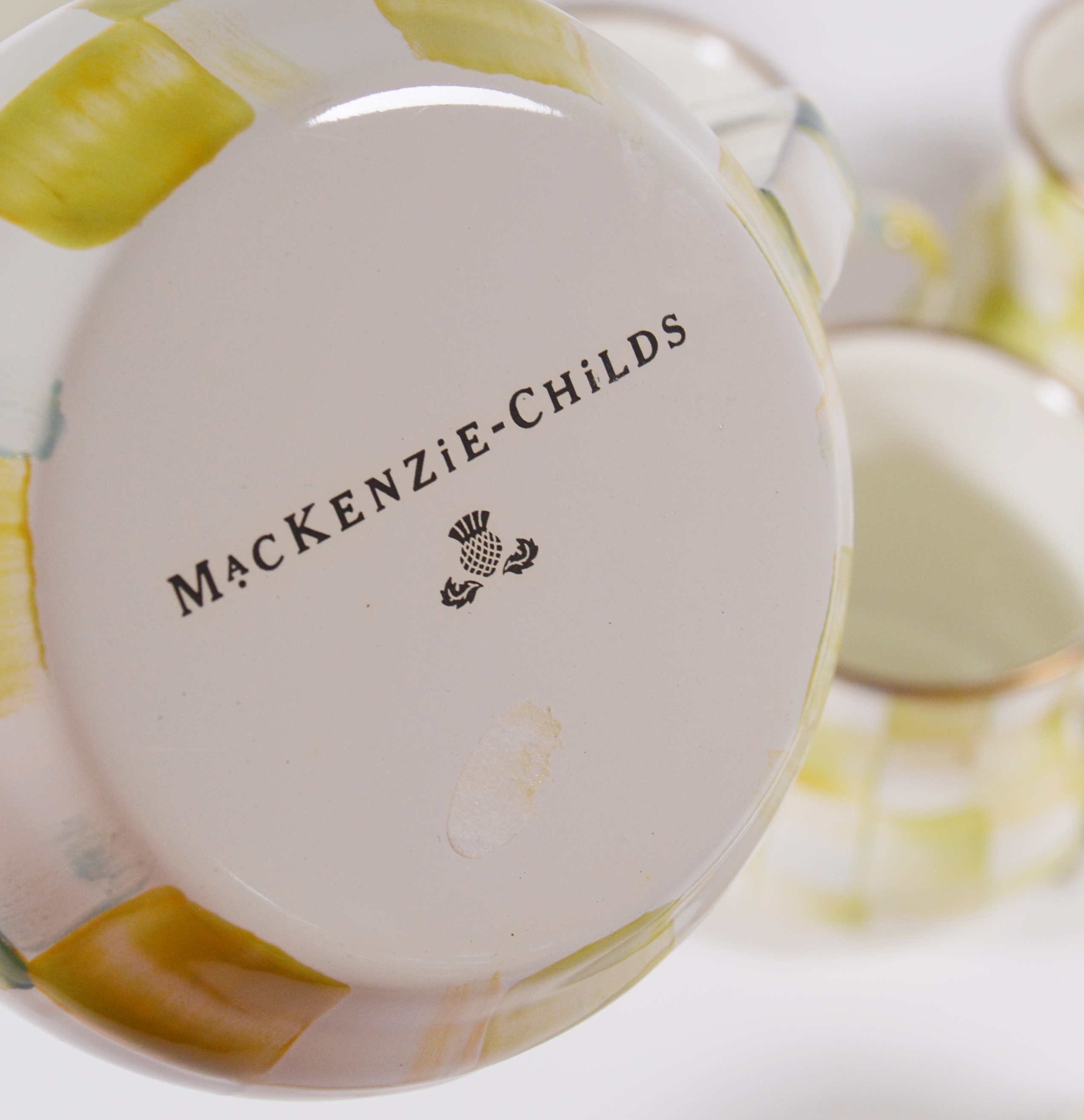 MacKenzie-Childs "Parchment Check" Enamel Mugs