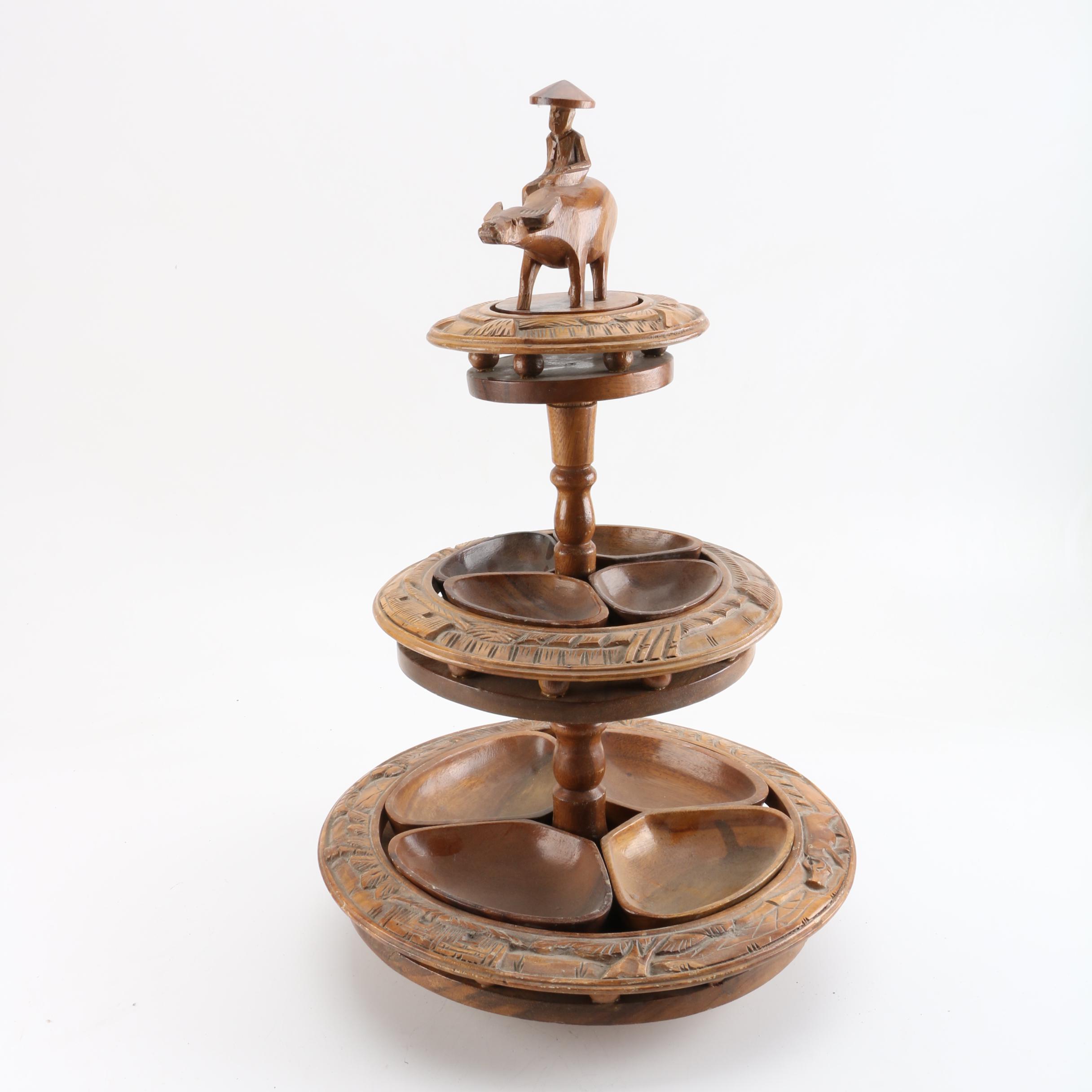 Vintage Carved Monkey Pod Lazy Susan