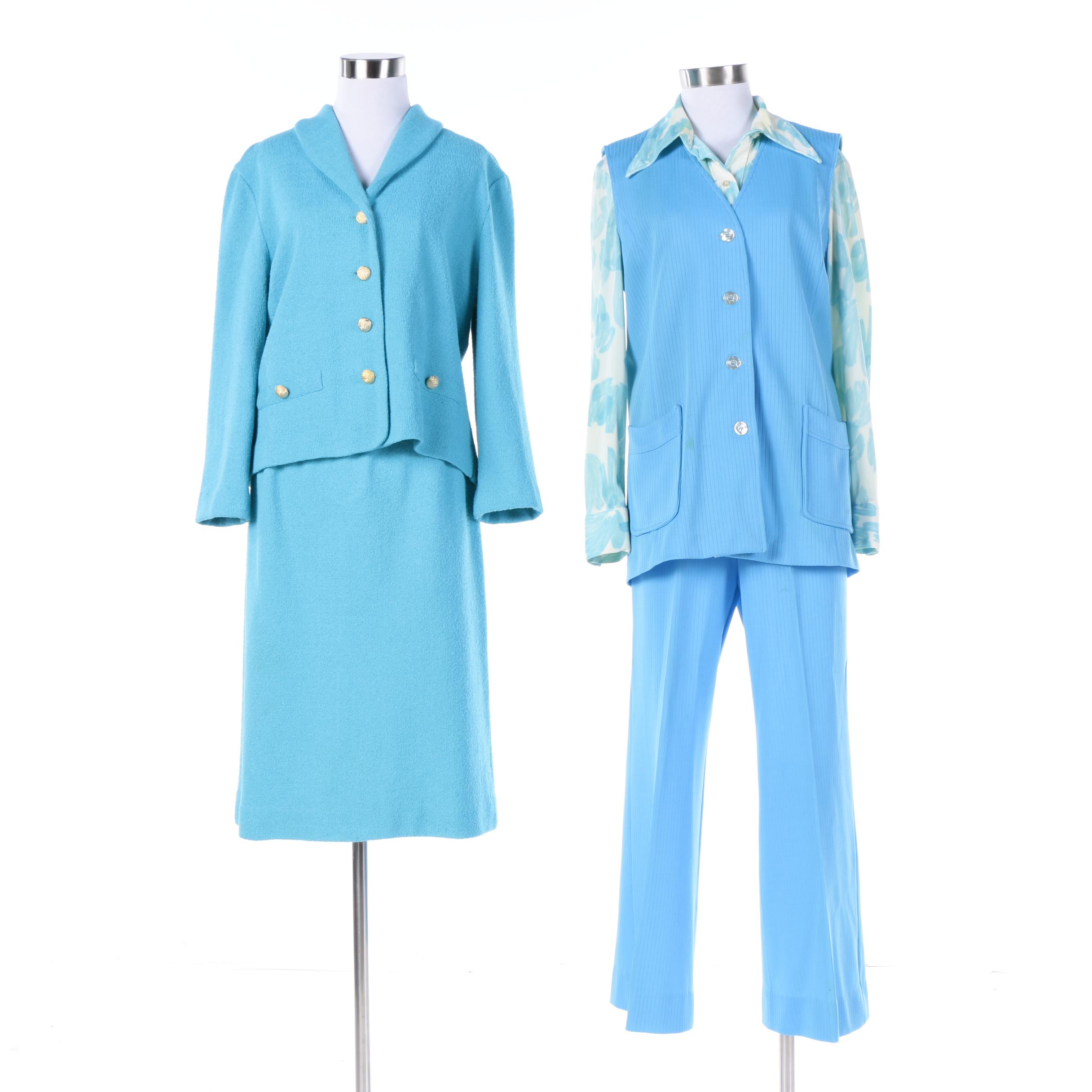 Circa 1970s Vintage Blue Polyester and Wool Suits Including Saks Fifth Avenue