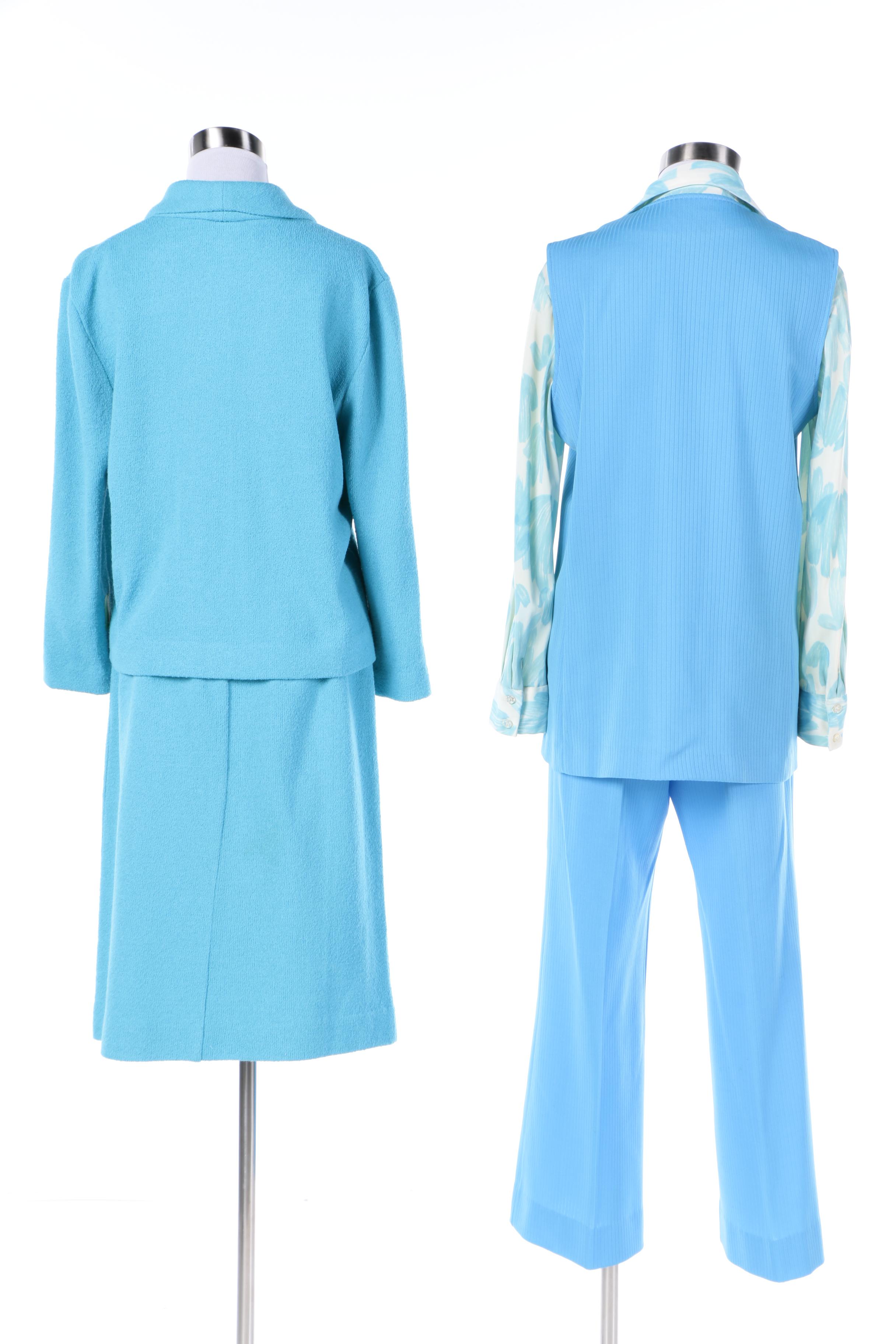 Circa 1970s Vintage Blue Polyester and Wool Suits Including Saks Fifth Avenue