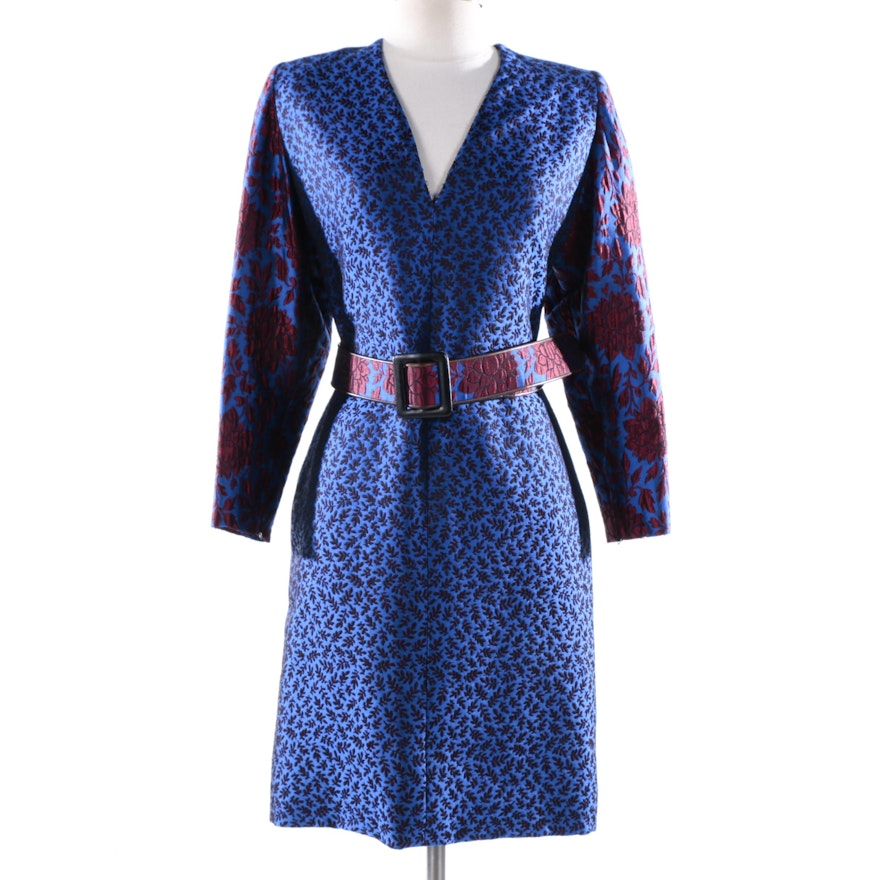Circa 1980s Vintage Galanos Blue and Red Floral Brocade Dress