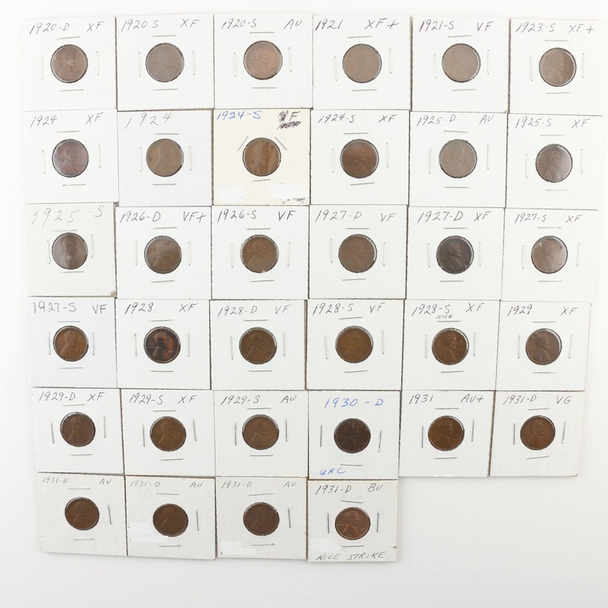 Group of Thirty-Four Lincoln Wheat Cents from the 20s and 30s