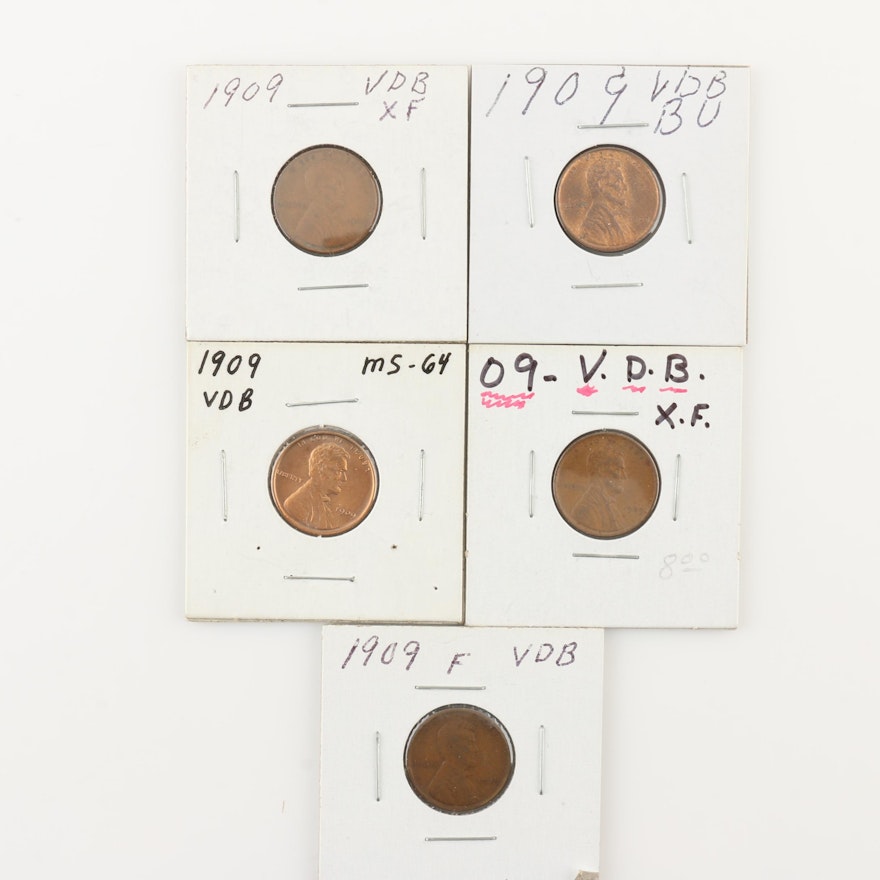 Group of Five 1909 V.D.B. Lincoln Wheat Cents