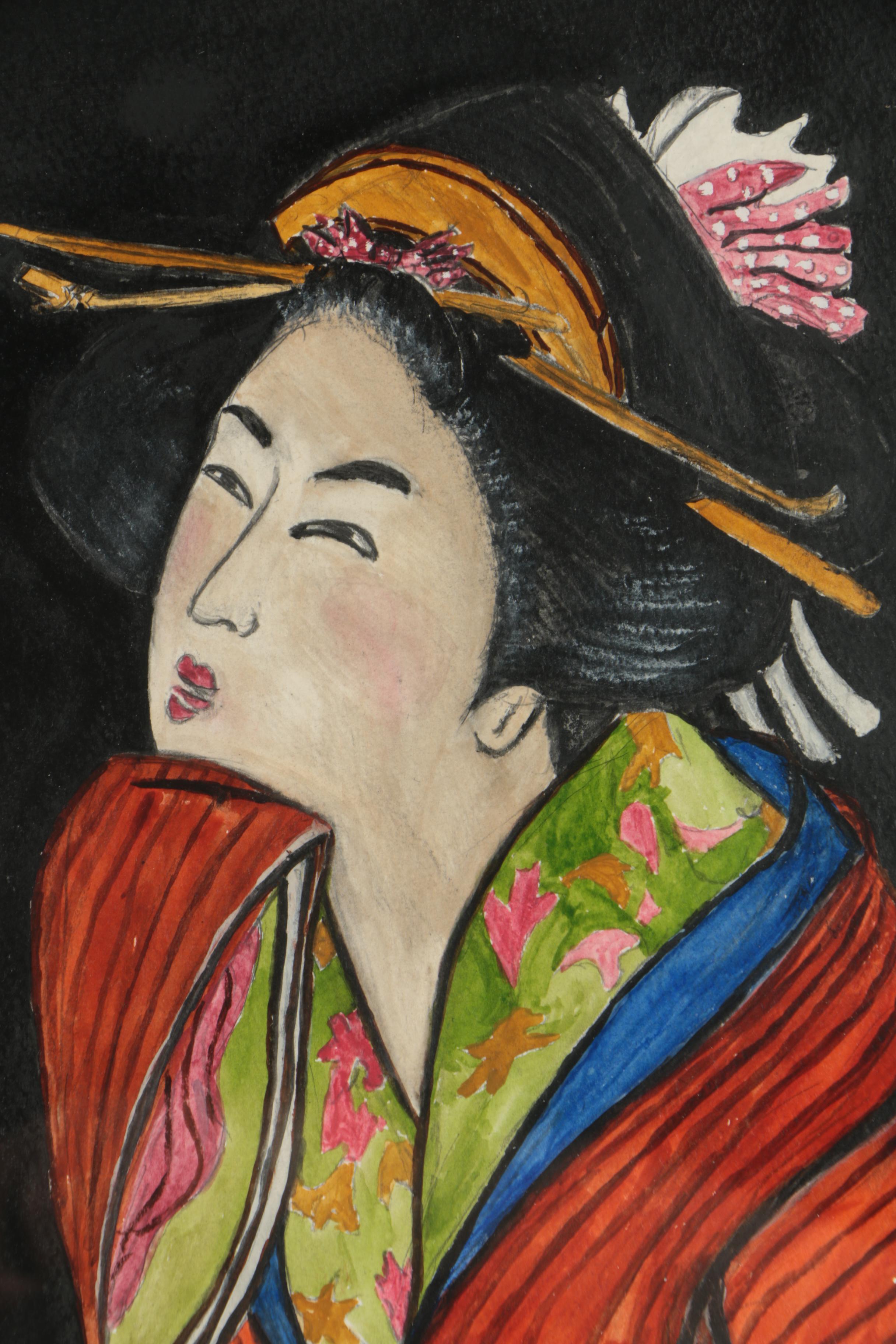 Harry Kabel Gouache Paintings "Kabuki" and "Geisha"