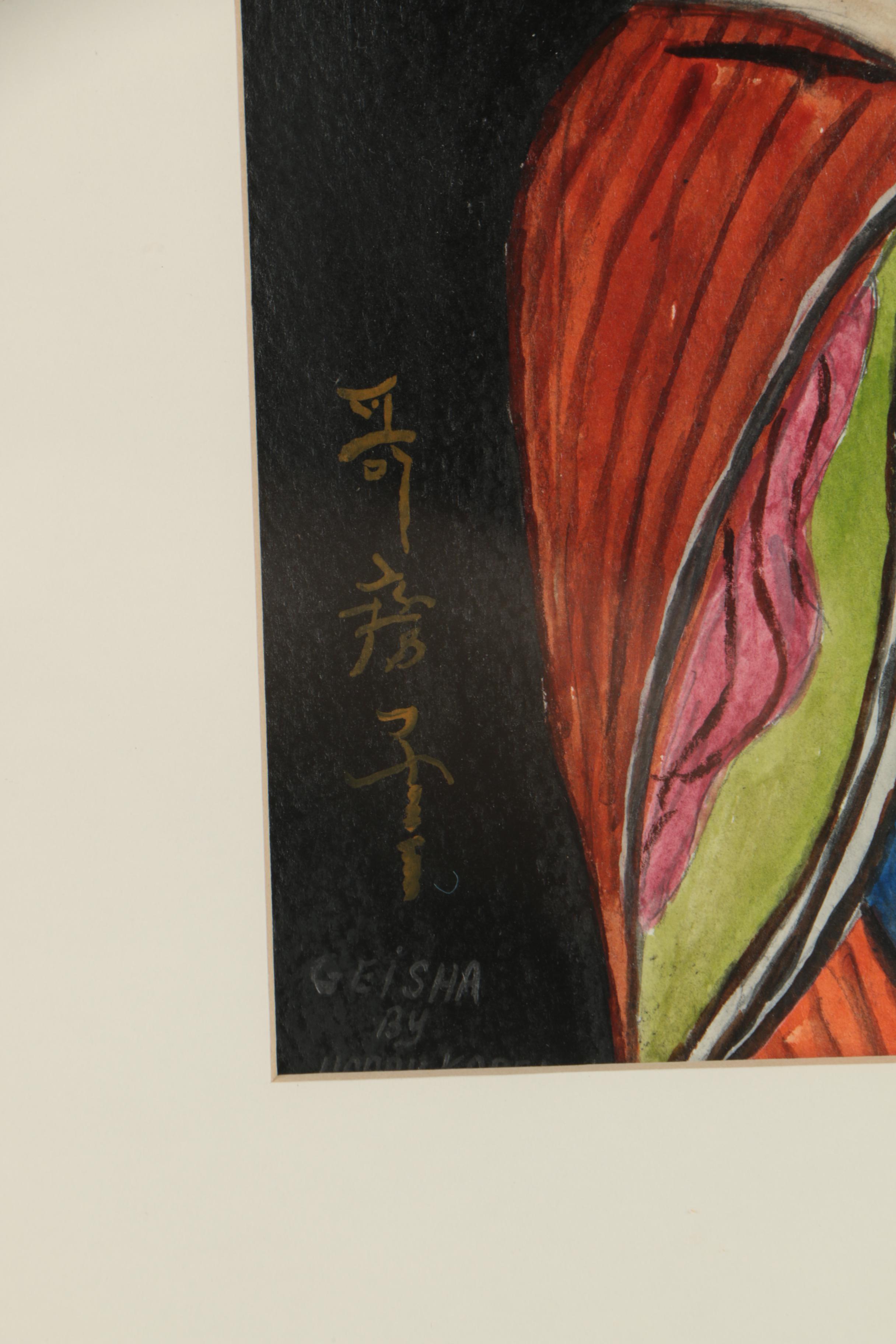 Harry Kabel Gouache Paintings "Kabuki" and "Geisha"