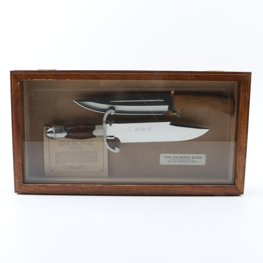 Framed Franklin Mint Jim Bowie Knife and Hunting Knife in Case