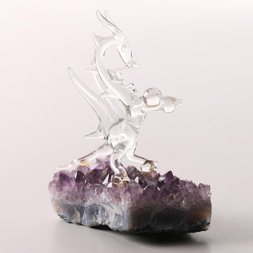Blown Glass Dragon Figurine On Amethyst Crystal