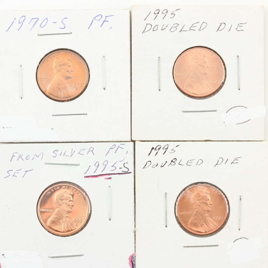 Two 1995 Double Die Lincoln Cents and Two Proof Lincoln Cents