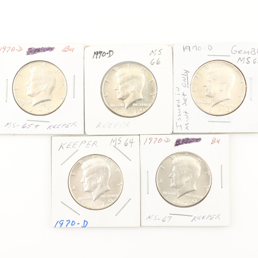 Five Uncirculated 1970-D Kennedy Silver Clad Half Dollars