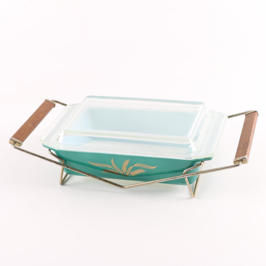 Vintage Pyrex Promotional Gold Wheat Patterned Green Dish and Serving Stand 1961